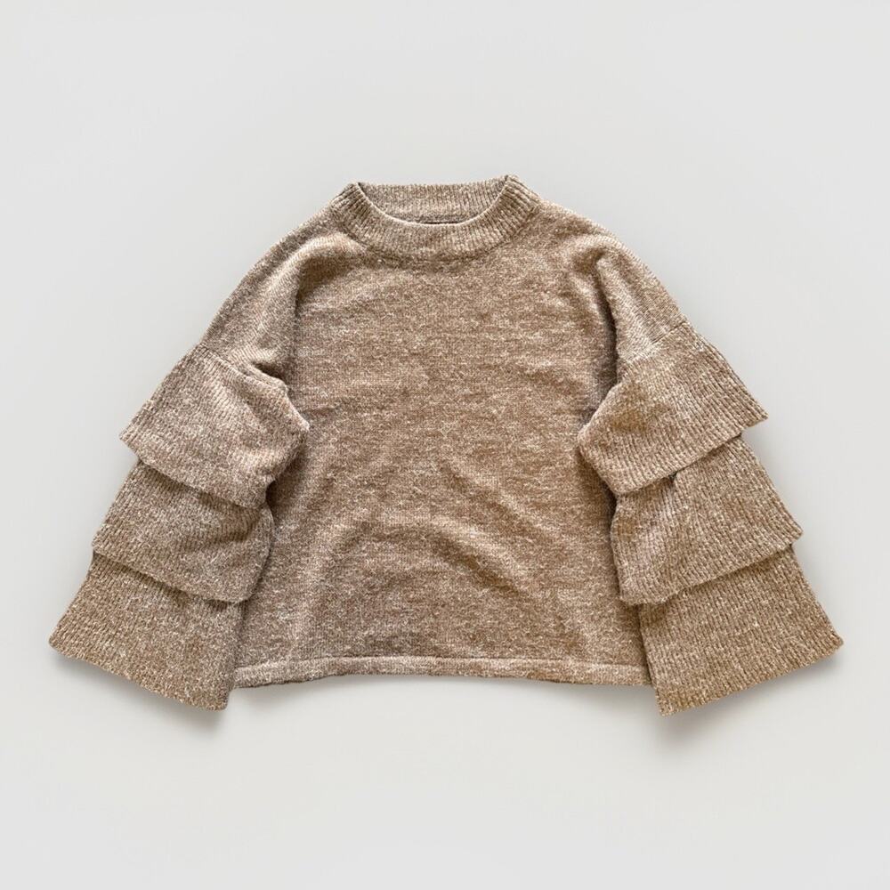 Lumière Ruffle Tiered Boxy Sweater Sz M Brown Elevated Basic Fall Flared‎ Sleeve